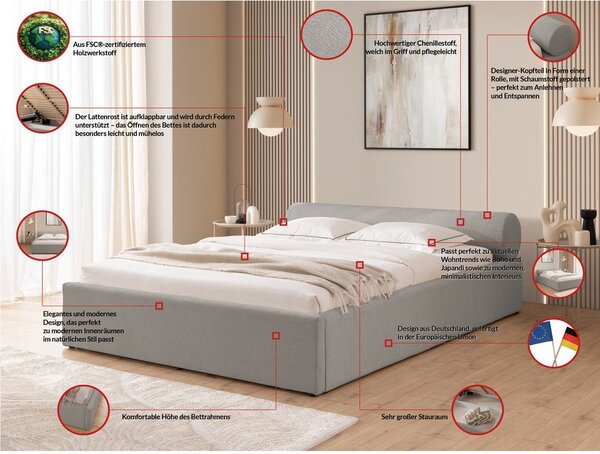 Jasnoszare tapicerowane łóżko dwuosobowe ze schowkiem i stelażem 160x200 cm Cille – Ropez