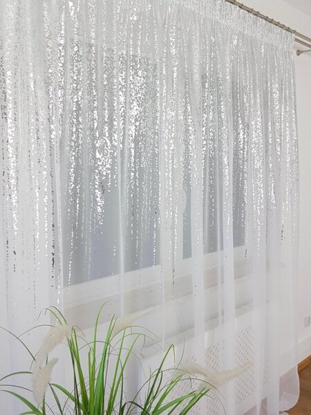Firana gotowa woalowa 300x250 cm - biaÅa, srebrny deszczyk, taÅma marszczÄ ca