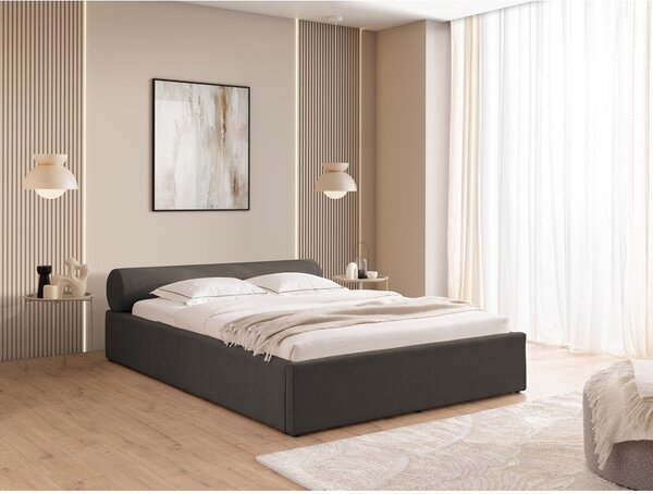 Ciemnoszare tapicerowane łóżko dwuosobowe ze schowkiem i stelażem 140x200 cm Cille – Ropez