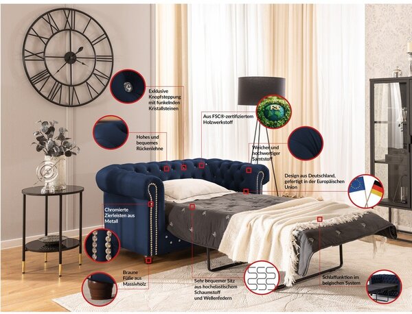 Niebieska aksamitna rozkładana sofa 148 cm York Blik – Ropez