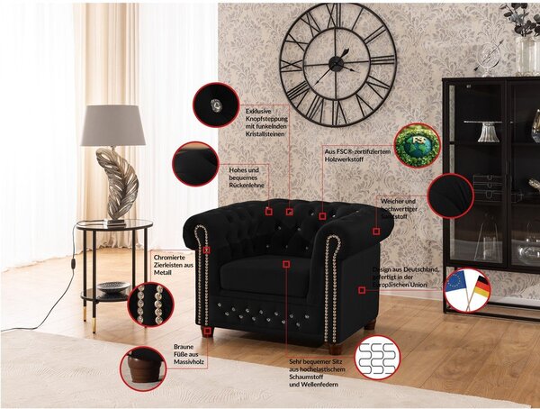 Czarny aksamitny fotel typu chesterfield York Blik – Ropez