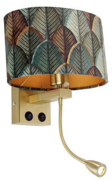 Lampa ścienna mosiężna z owalnym aksamitnym abażurem o wzorze liści 25 cm - Brescia Combi