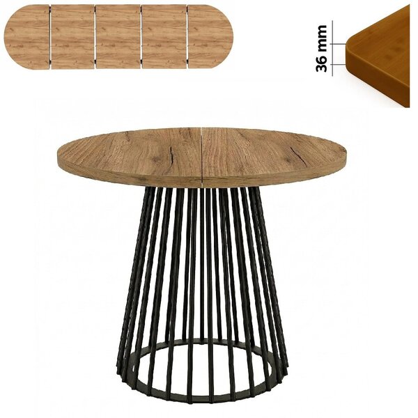 Stół 100/250 cm okrągły rozkładany, blat 3,6 cm, Ażurowa Metalowa podstawa | ArtD Home