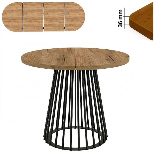 Stół 100/200 cm okrągły rozkładany, blat 3,6 cm, Ażurowa Metalowa podstawa | ArtD Home