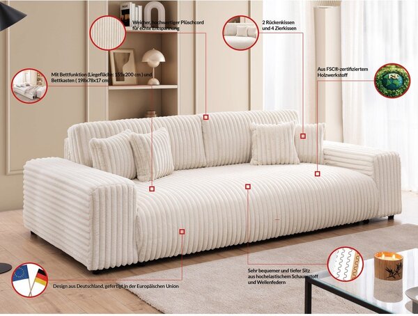 Kremowa sztruksowa rozkładana sofa ze schowkiem 260 cm Justin – Ropez