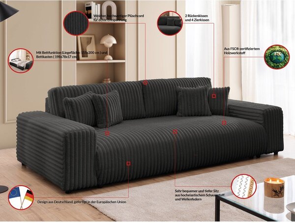 Ciemnoszara sztruksowa rozkładana sofa ze schowkiem 260 cm Justin – Ropez
