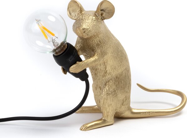 Lampa Mouse siedząca złota z gniazdkiem USB
