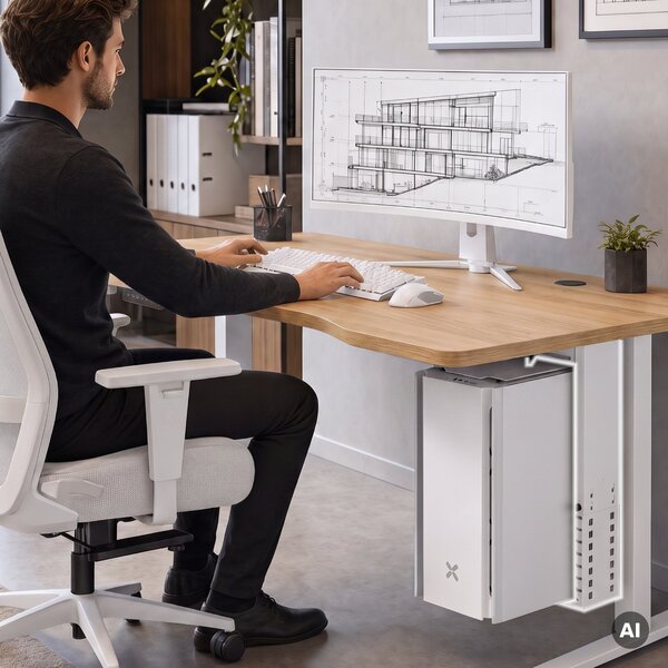 Uchwyt na komputer pod biurko, regulowany, metalowy, biały: PC HOLDER
