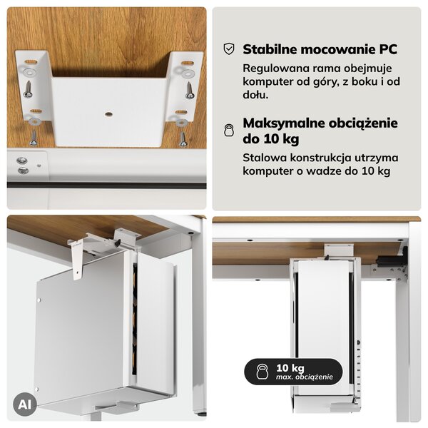Uchwyt na komputer pod biurko, regulowany, metalowy, biały: PC HOLDER