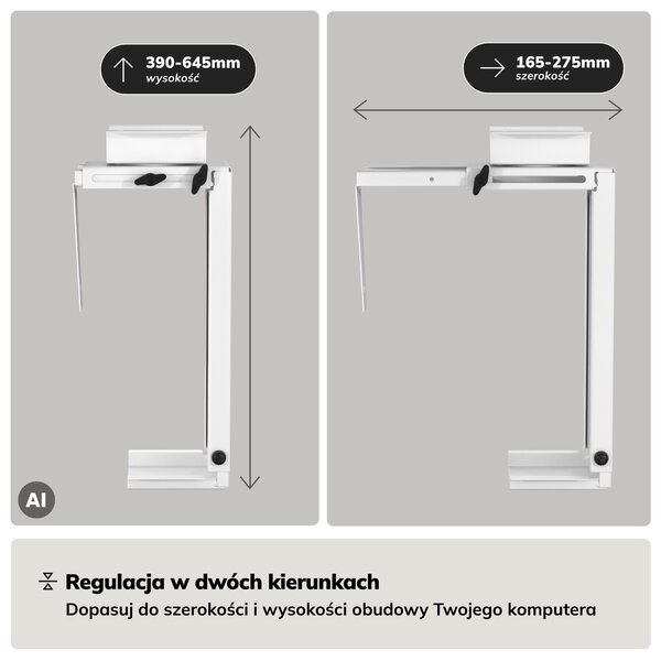 Uchwyt na komputer pod biurko, regulowany, metalowy, biały: PC HOLDER