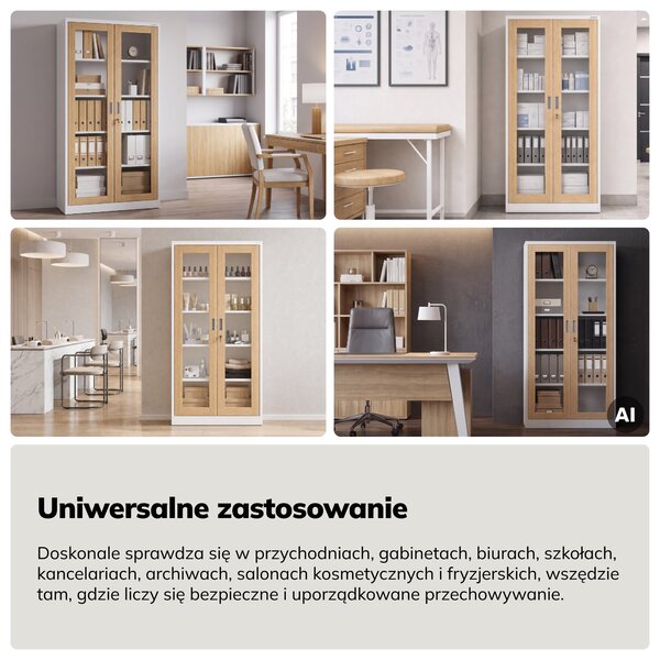 Witryna przeszklona metalowa wysoka z zamkiem biała/dąb sonoma, 900x1850x400 mm: AMELIA Eco Design
