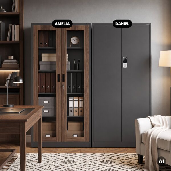 Witryna przeszklona metalowa wysoka z zamkiem antracytowa/orzech, 900x1850x400 mm: AMELIA Eco Design