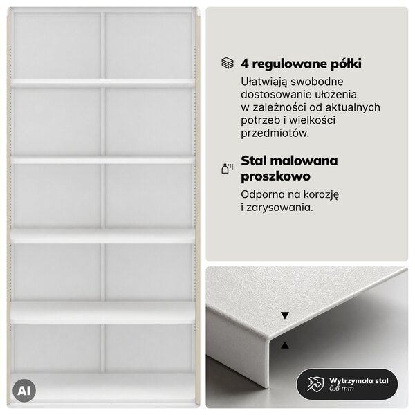 Witryna przeszklona metalowa wysoka z zamkiem biała/dąb sonoma, 900x1850x400 mm: AMELIA Eco Design