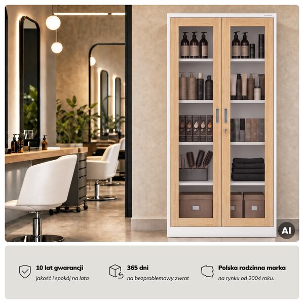 Witryna przeszklona metalowa wysoka z zamkiem biała/dąb sonoma, 900x1850x400 mm: AMELIA Eco Design