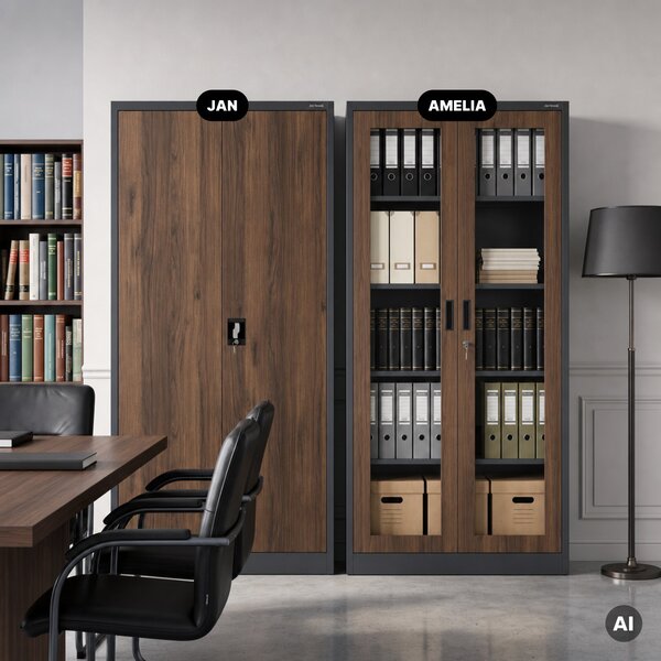 Witryna przeszklona metalowa wysoka z zamkiem antracytowa/orzech, 900x1850x400 mm: AMELIA Eco Design