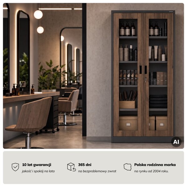 Witryna przeszklona metalowa wysoka z zamkiem antracytowa/orzech, 900x1850x400 mm: AMELIA Eco Design
