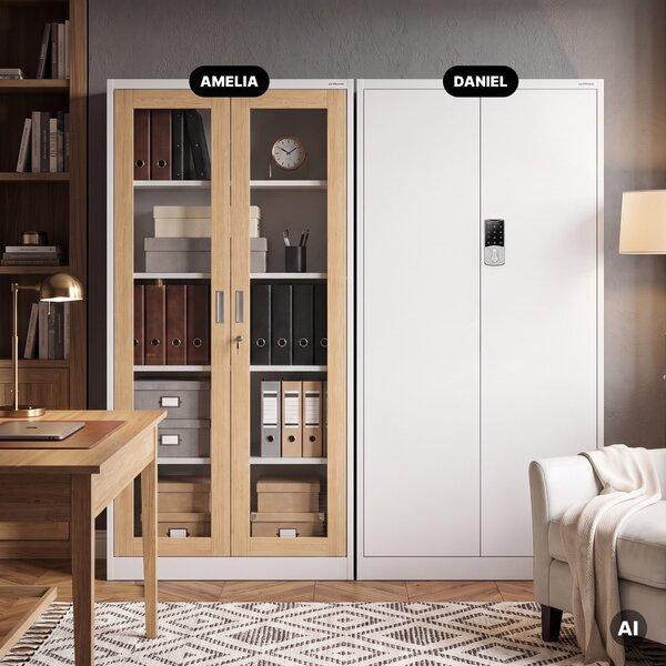 Witryna przeszklona metalowa wysoka z zamkiem biała/dąb sonoma, 900x1850x400 mm: AMELIA Eco Design