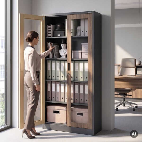 Witryna przeszklona metalowa wysoka z zamkiem antracytowa/orzech, 900x1850x400 mm: AMELIA Eco Design