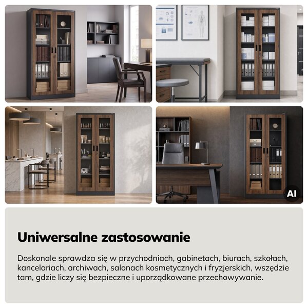 Witryna przeszklona metalowa wysoka z zamkiem antracytowa/orzech, 900x1850x400 mm: AMELIA Eco Design