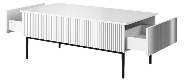 Stolik kawowy Nicole 120 cm z szufladami i metalowymi nogami - biały mat / czarne nóżki
