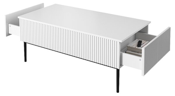 Stolik kawowy Nicole 120 cm z szufladami i metalowymi nogami - biały mat / czarne nóżki
