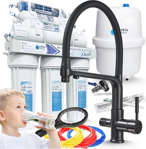 3-drogowa bateria kuchenna Flexible z systemem filtracji wody RO7 (odwrócona osmoza), 7-stopniowa filtracja, membrana 75 GPD, wycigana wylewka, dwa rodzaje strumienia