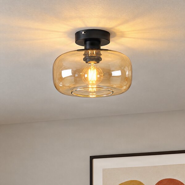 Lampa sufitowa art deco czarna z bursztynowym szkłem - Bizle