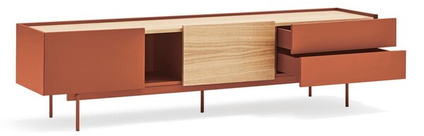 Ceglasto-naturalna szafka pod TV w dekorze dębu 180x45 cm Otto – Teulat