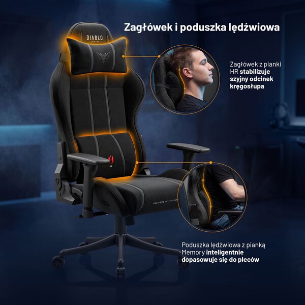 Fotel gamingowy młodzieżowy Diablo X-One Small Size materiałowy, Burned Black
