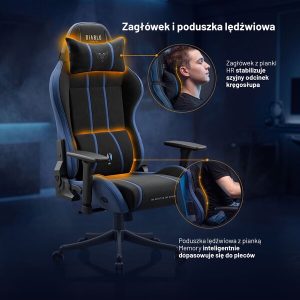 Fotel gamingowy młodzieżowy Diablo X-One Small Size materiałowy, Night Blue