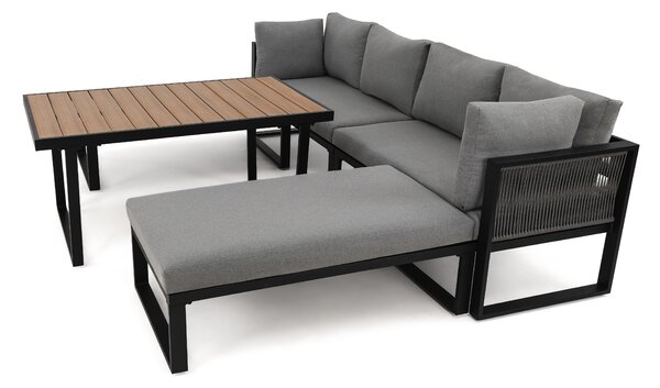 MebleMWM Zestaw mebli ogrodowych RAVENA + Stół Sycylia | Aluminium czarny | Szare poduszki