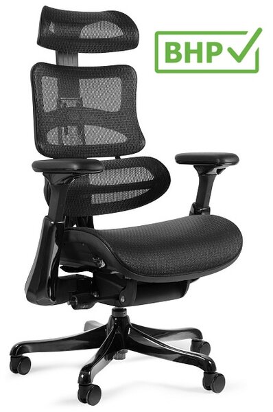 Fotel biurowy z siatki Ergothrone Black Gun, zgodny z normą BHP