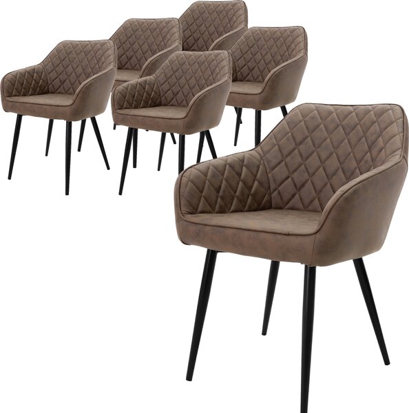ML-Design zestaw 6 krzeseł do jadalni z podłokietnikami i oparciem, brązowe, krzesło kuchenne z pokryciem z imitacji skóry, tapicerowane krzesło z metalowymi nogami