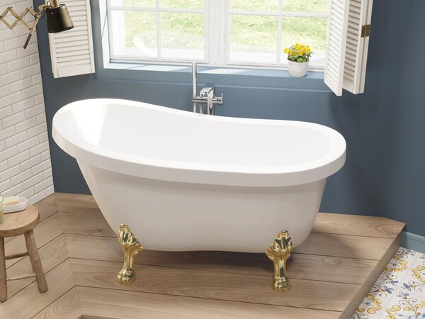 Wanna wolnostojąca retro ze złotymi nogami w kształcie lwich łap – 171 l – 145 x 74 x 77 cm – Biała – NISOS
