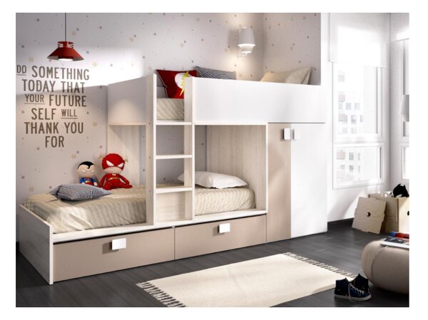 Łóżko piętrowe - 2 × 90 × 190 cm - wbudowana szafa - kolor biały, naturalny i taupe - JUANITO