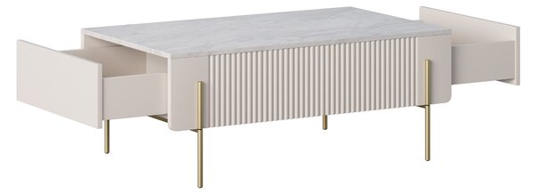 Stolik kawowy Malmi 100 cm z szufladami - kaszmir / crema bianca / złote nóżki