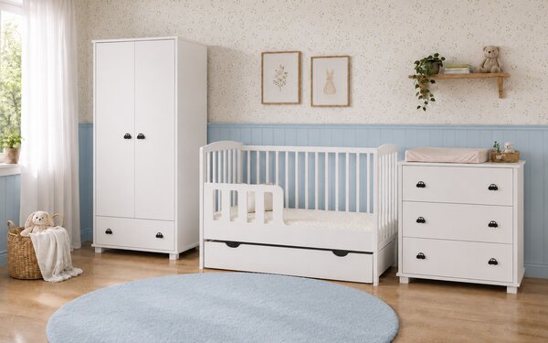 Zestaw mebli dla niemowląt BASIC BABY - Szafa, Komoda, Łóżeczko | wybór uchwytów i koloru