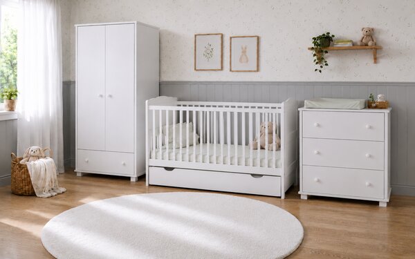 Zestaw mebli dla niemowląt BASIC BABY z łóżeczkiem ELLA 140x70 – wybór uchwytów i koloru