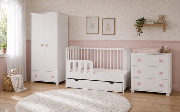 Zestaw mebli dla niemowląt BASIC BABY - Szafa, Komoda, Łóżeczko | wybór uchwytów i koloru