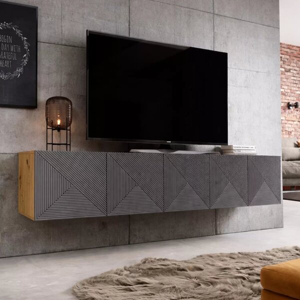 Szafka RTV Asha 200 cm wisząca z ryflowanym frontem - artisan / rivier stone mat