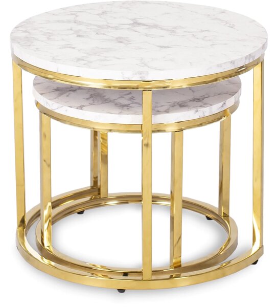 Zestaw Stolików Kawowych OLIS 43 cm/53 cm Biały Marmur Złoty do Salonu Glamour