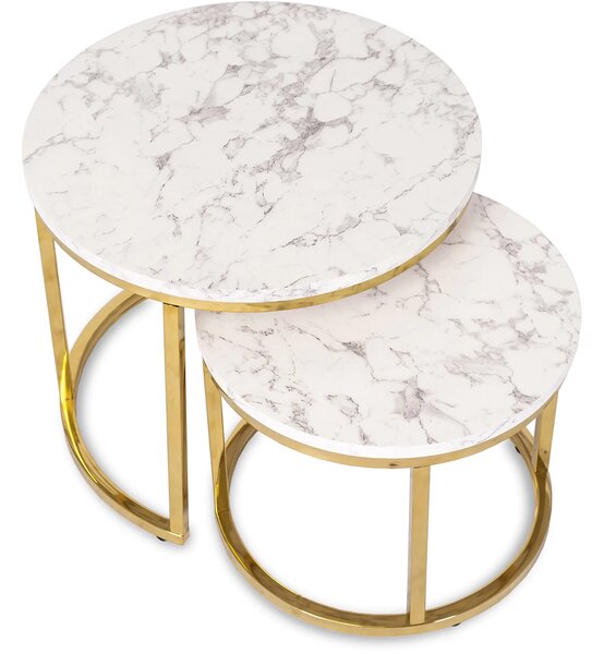 Zestaw Stolików Kawowych OLIS 43 cm/53 cm Biały Marmur Złoty do Salonu Glamour