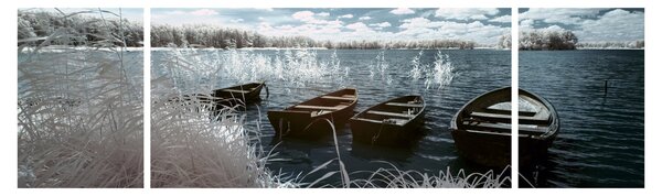Obraz - Drewniane łodzie na jeziorze (170x50 cm)