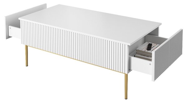 Stolik kawowy Nicole 120 cm z szufladami i metalowymi nogami - biały mat / złote nóżki