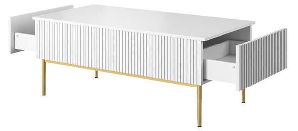 Stolik kawowy Nicole 120 cm z szufladami i metalowymi nogami - biały mat / złote nóżki