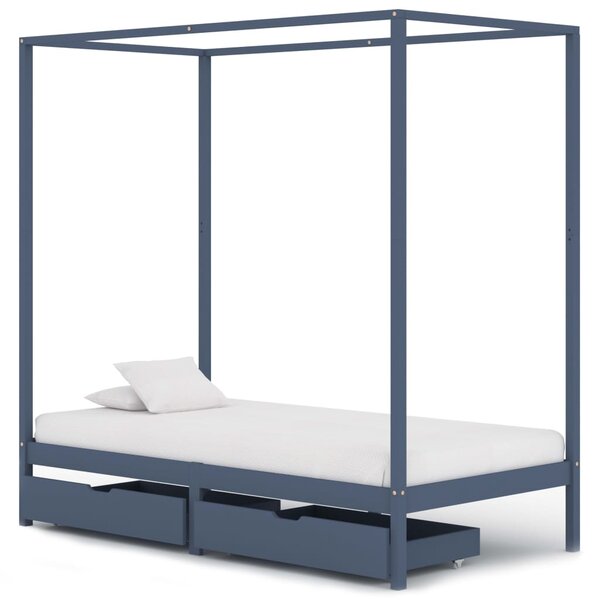 Rama łóżka z baldachimem, 2 szuflady, szara, sosna, 100x200 cm