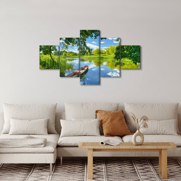 Obraz letniej rzeki z łodzią (125x70 cm)