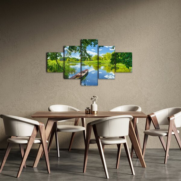 Obraz letniej rzeki z łodzią (125x70 cm)