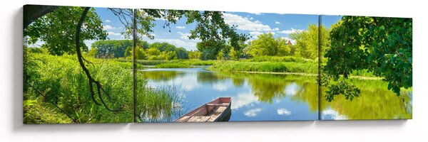 Obraz letniej rzeki z łodzią (170x50 cm)