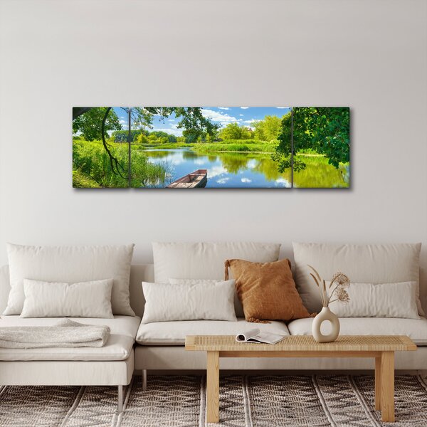 Obraz letniej rzeki z łodzią (170x50 cm)